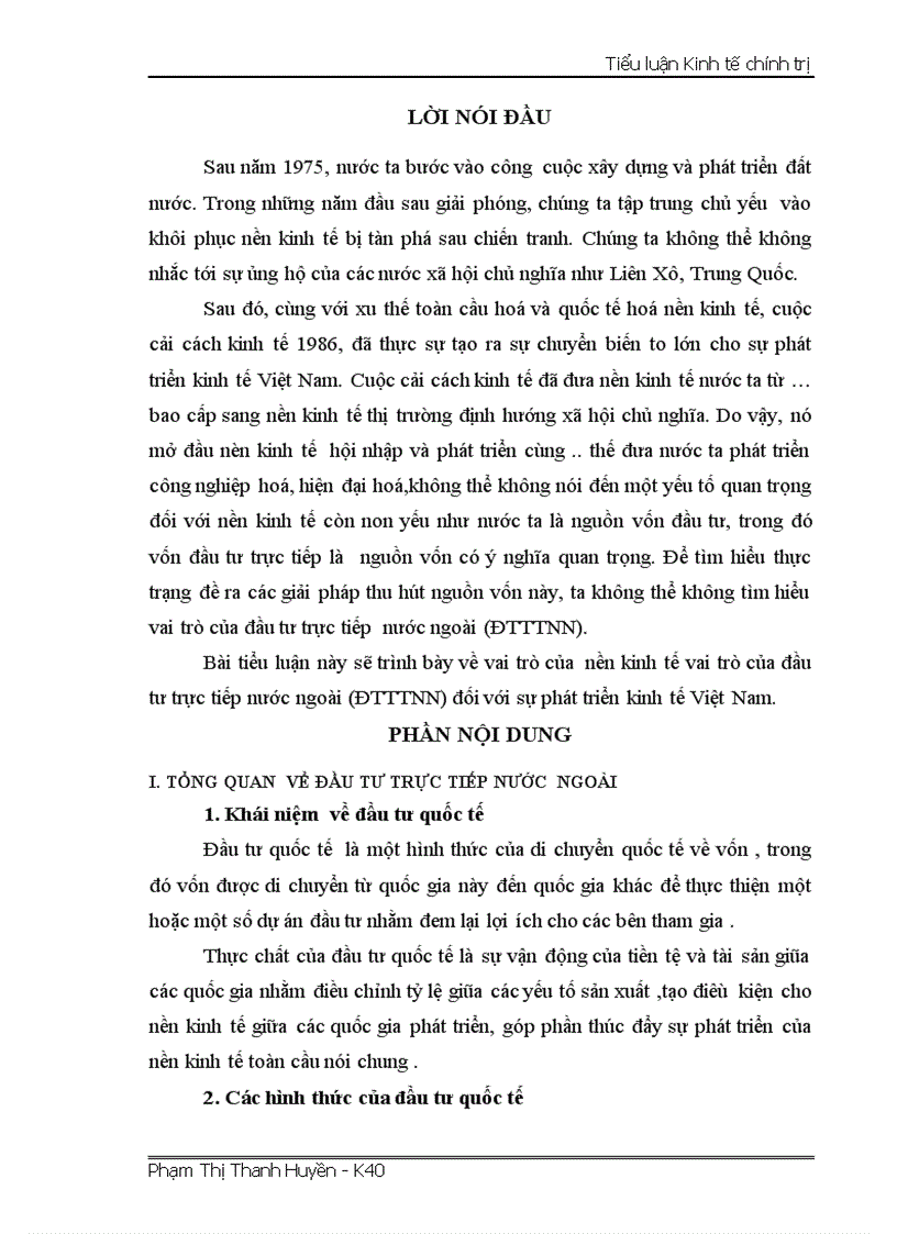 Vai trò của nền kinh tế vai trò của đầu tư trực tiếp nước ngoài ĐTTTNN đối với sự phát triển kinh tế Việt Nam