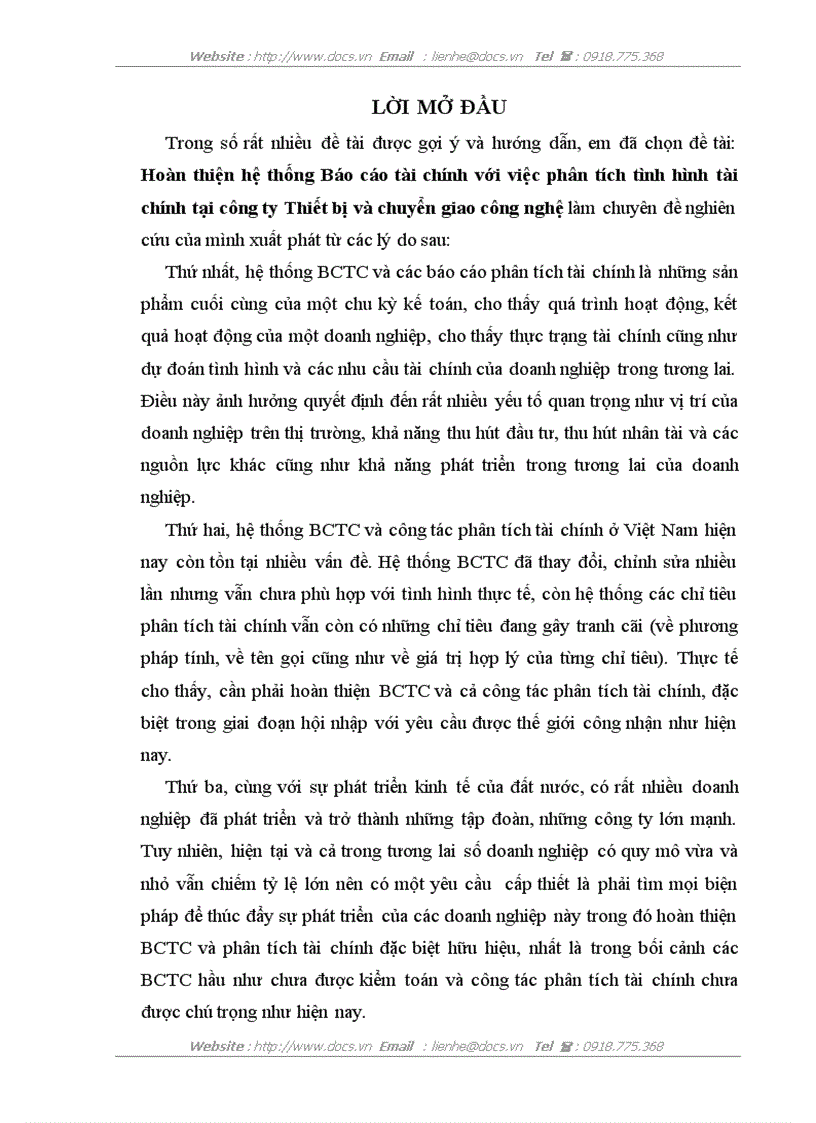 Hoàn thiện hệ thống Báo cáo tài chính với việc phân tích tình hình tài chính tại công ty Thiết bị và chuyển giao công nghệ