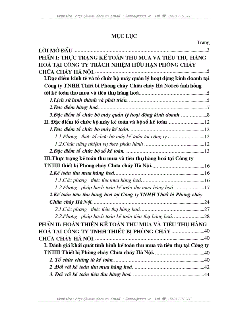 Hoàn thiện kế toán thu mua và tiêu thụ hàng hoá ở Công ty TNHH Thiết bị Phòng cháy Chữa cháy Hà Nội