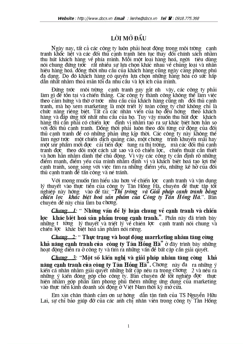 Thị trường và Giải pháp cạnh tranh bằng chiến lược khác biệt hoá sản phẩm của Công ty Tân Hồng Hà