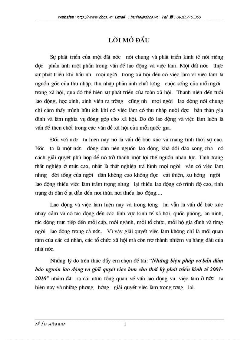 Những biện pháp cơ bản đảm bảo nguồn lao động và giải quyết việc làm cho thời kỳ phát triển kinh tế 2001 2010