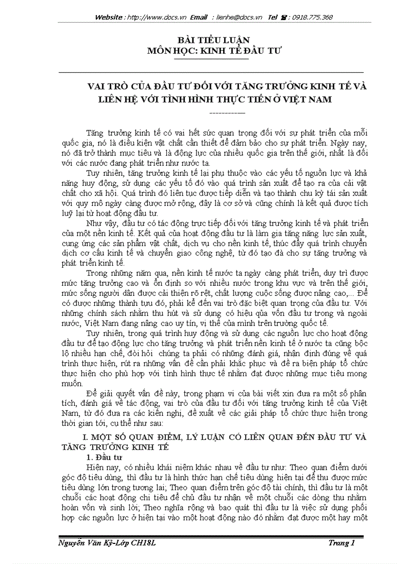 Vai trò của đầu tư đối với tăng trưởng kinh tế và liên hệ với tình hình thực tiễn ở Việt Nam