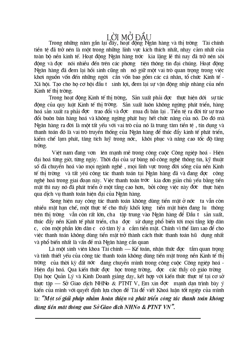 Một số giải pháp nhằm hoàn thiện và phát triển công tác thanh toán không dùng tiền mặt thông qua Sở Giao dịch NHNo PTNT VN
