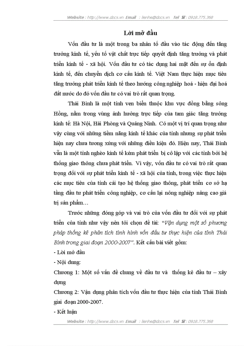 Vận dụng một số phương pháp thống kê phân tích tình hình vốn đầu tư thực hiện của tỉnh Thái Bình trong giai đoạn 2000 2007
