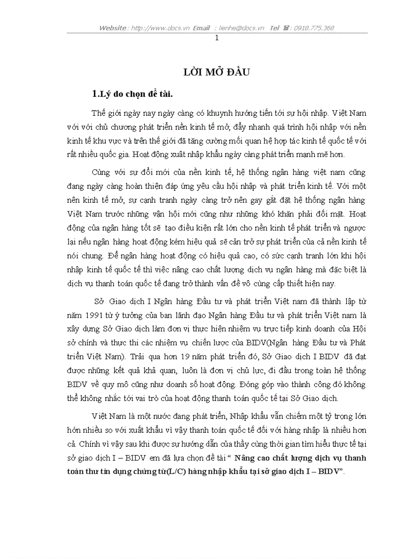 Nâng cao chất lượng dịch vụ thanh toán thư tín dụng chứng từ L C hàng nhập khẩu tại sở giao dịch I BIDV