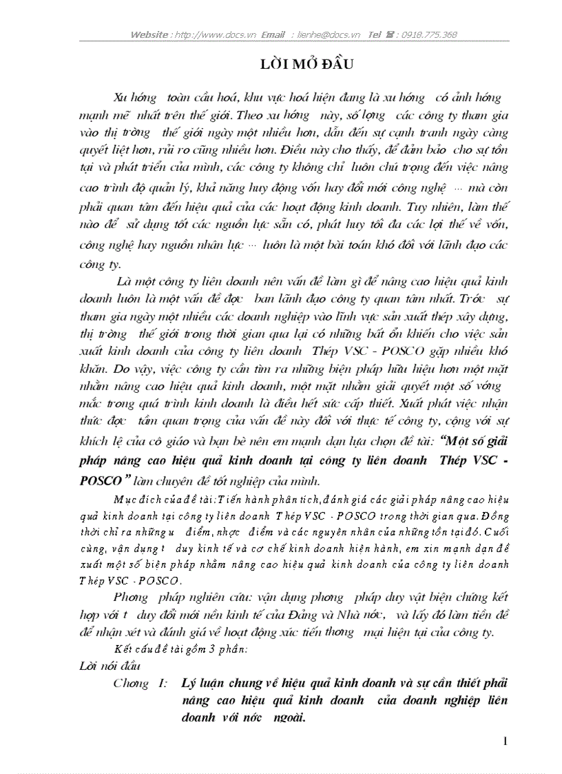 Một số giải pháp nâng cao hiệu quả kinh doanh tại công ty liên doanh Thép VSC POSCO