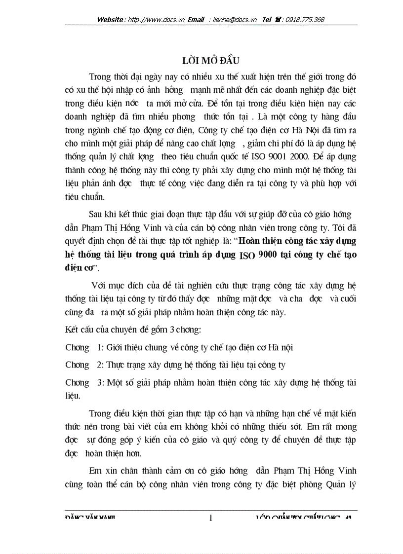 Hoàn thiện công tác xây dựng hệ thống tài liệu trong quá trình áp dụng iso 9000 tại công ty chế tạo điện cơ