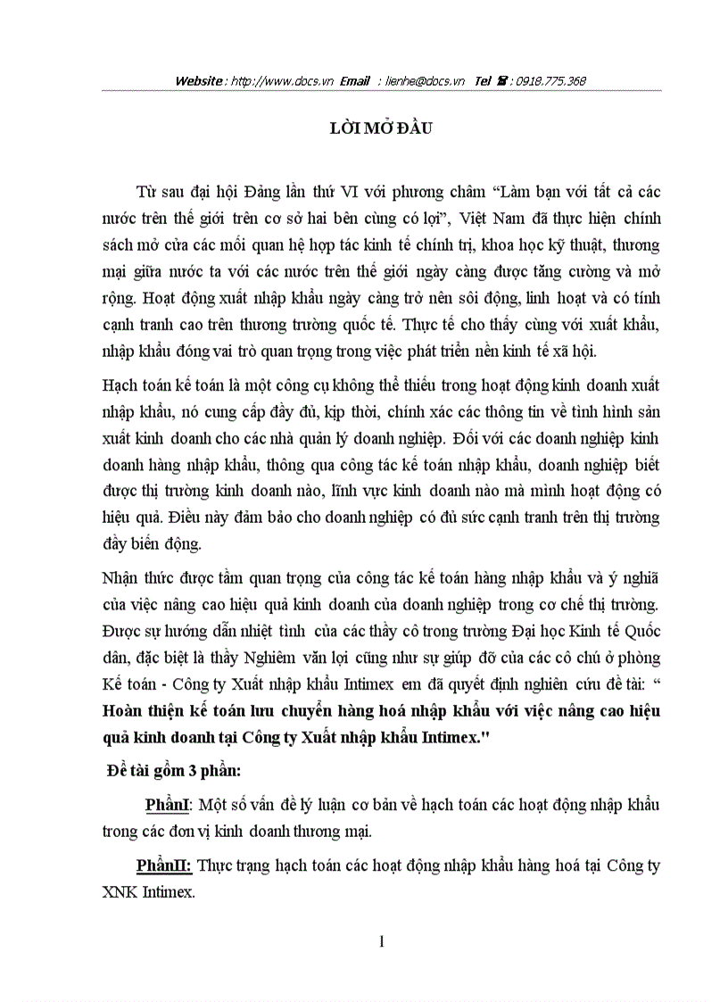Hoàn thiện kế toán lưu chuyển hàng hoá nhập khẩu với việc nâng cao hiệu quả kinh doanh tại Công ty Xuất nhập khẩu Intimex