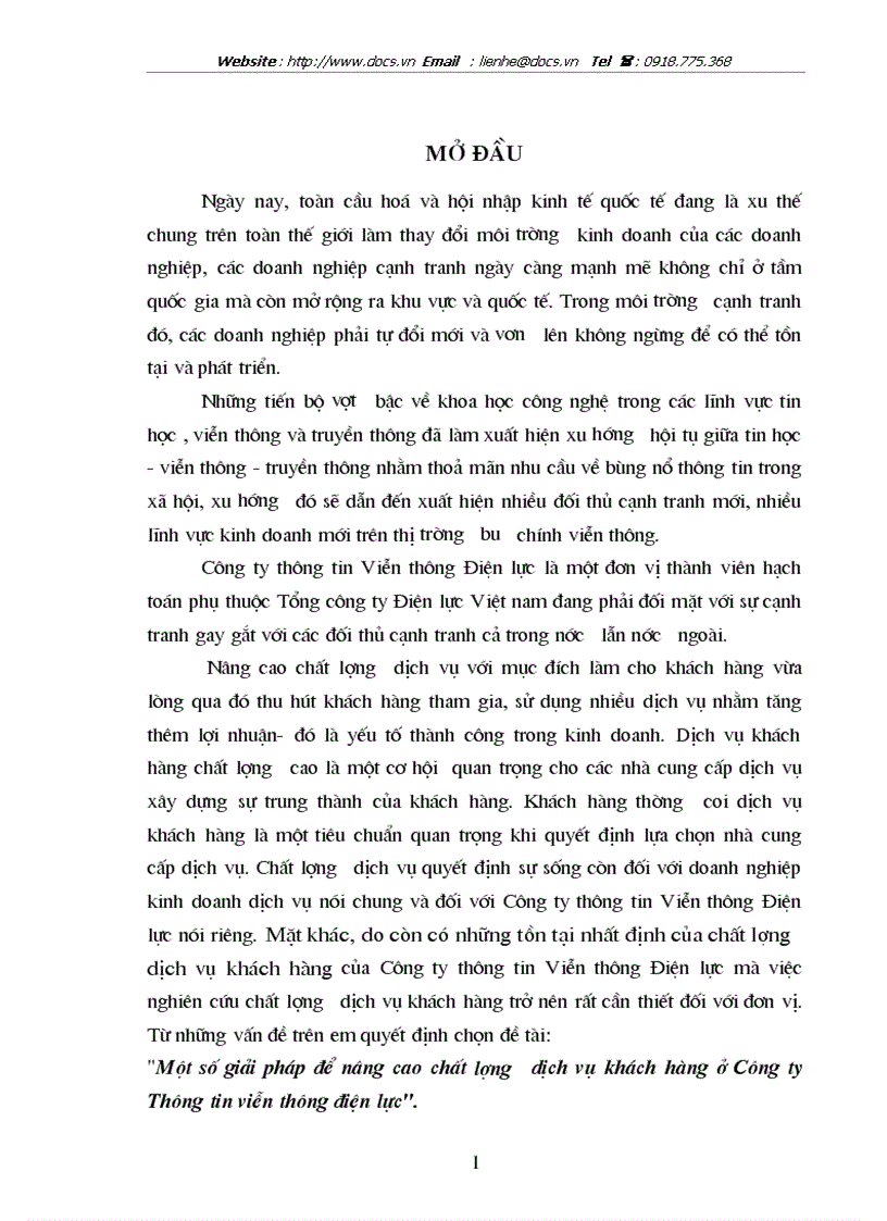Một số giải pháp để nâng cao chất lượng dịch vụ khách hàng ở Công ty Thông tin viễn thông điện lực