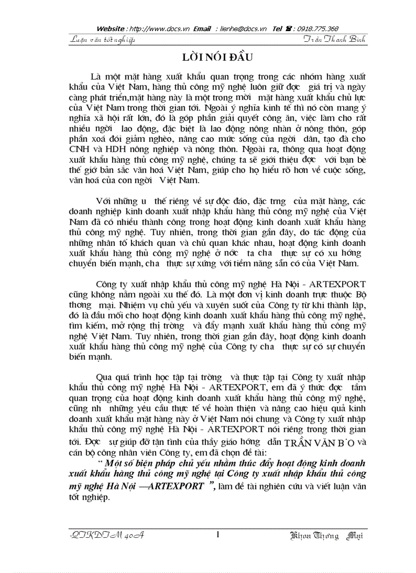 Một số biện pháp chủ yếu nhằm thúc đẩy hoạt động kinh doanh xuất khẩu hàng thủ công mỹ nghệ tại Công ty xuất nhập khẩu thủ công mỹ nghệ Hà Nội ARTEX