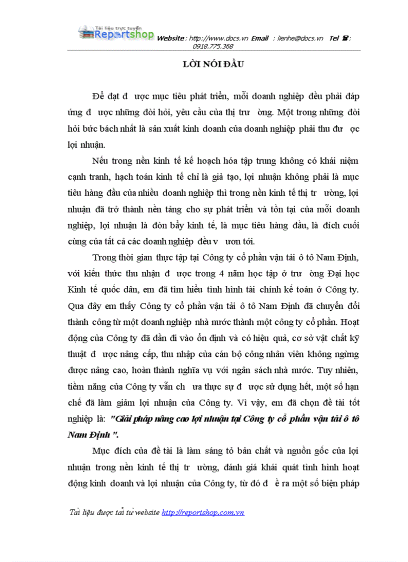 Một số biện pháp nhằm nâng cao lợi nhuận tại công ty cổ phần vận tải ô tô nam định