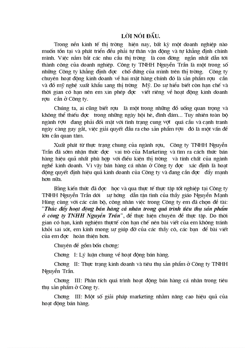 Một số giải pháp marketing nhằm nâng cao hiệu quả của hoạt động bán hàng ở Công ty TNHH Nguyễn Trần