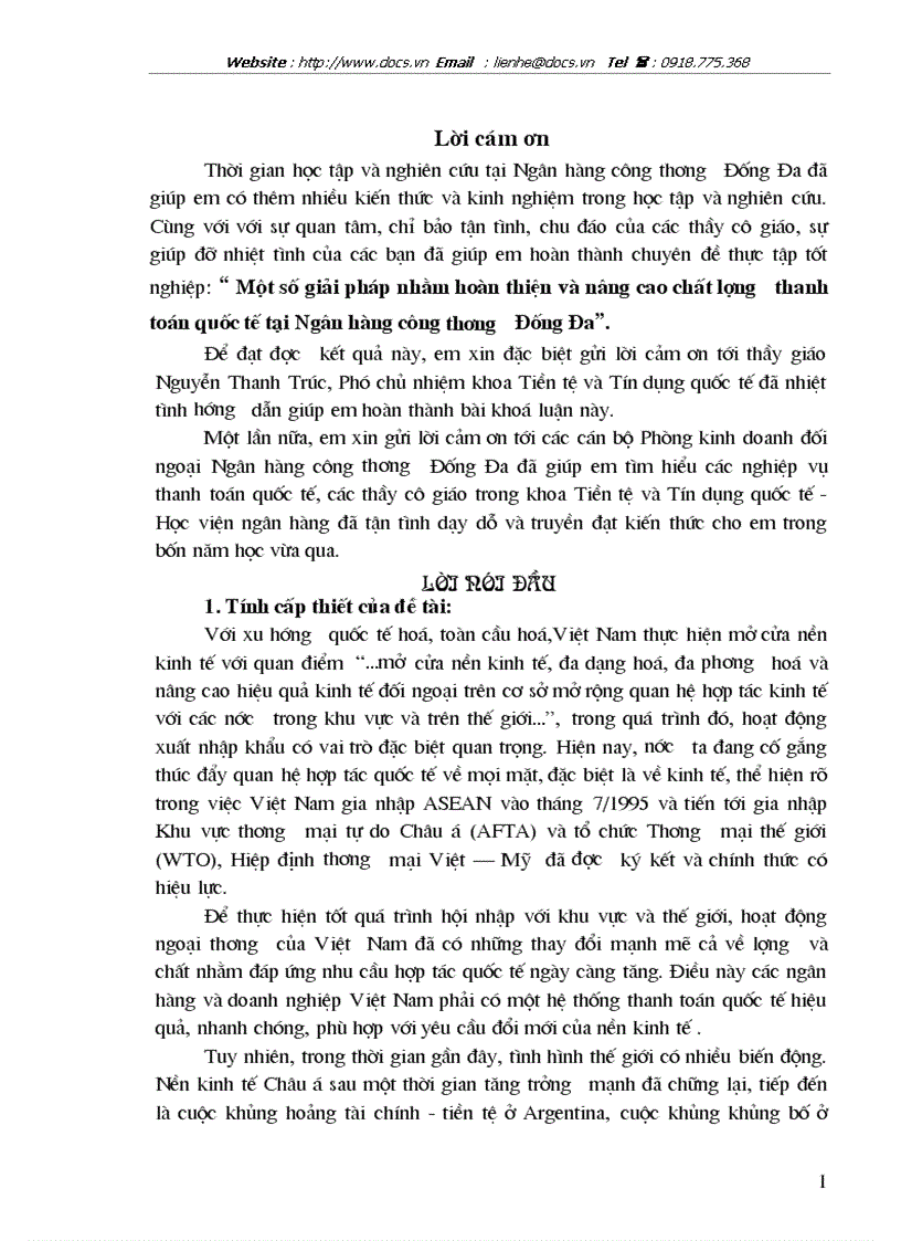 Một số giải pháp nhằm hoàn thiện và nâng cao chất lượng thanh toán quốc tế tại Ngân hàng công thương Đống Đa