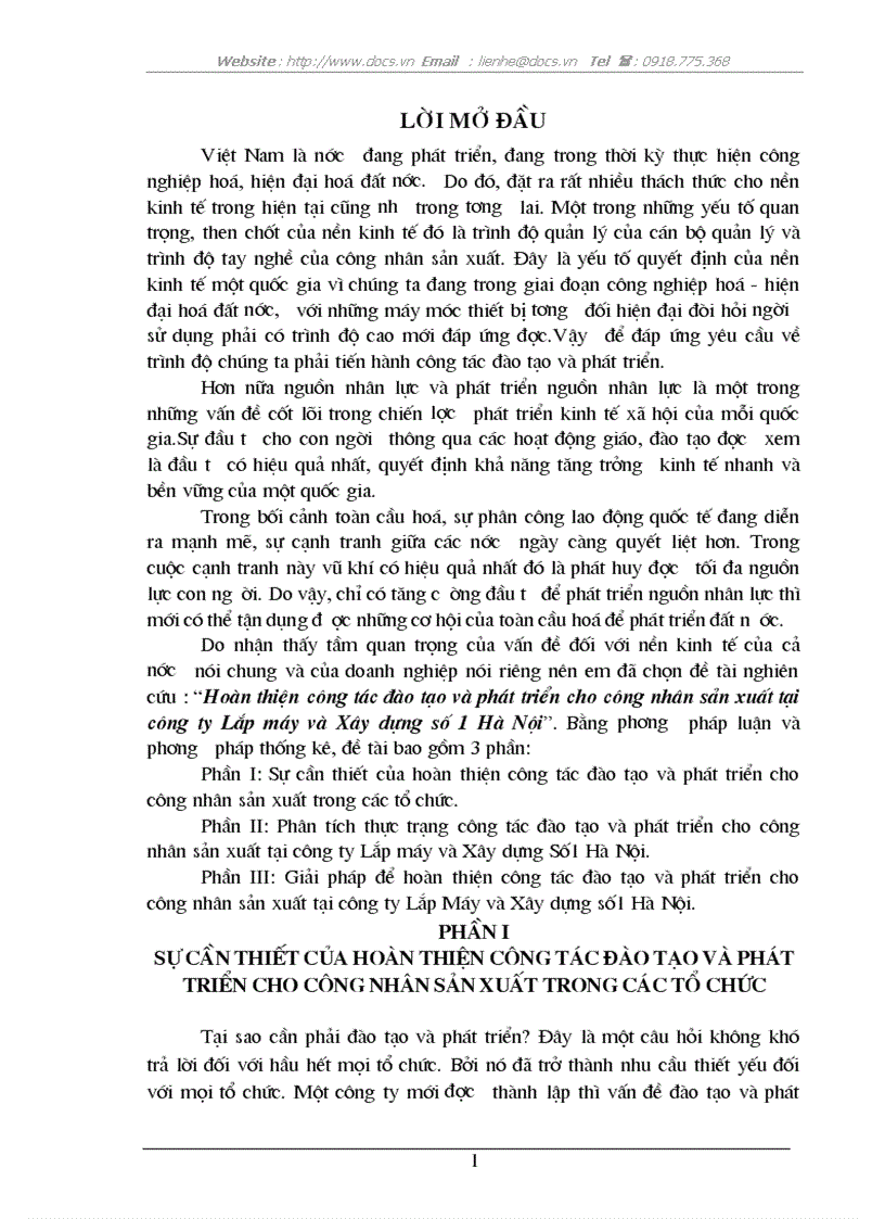 Hoàn thiện công tác đào tạo và phát triển cho công nhân sản xuất tại công ty Lắp máy và Xây dựng số 1 Hà Nội