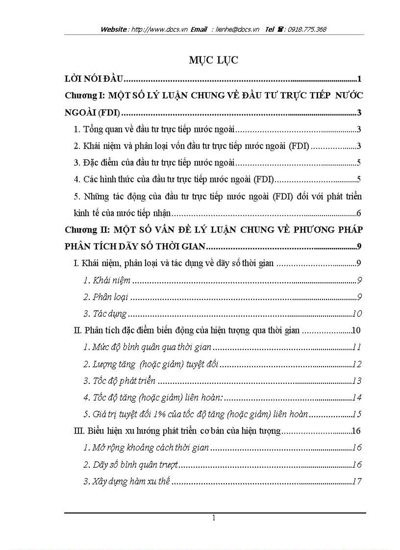 Vận dụng phương pháp phân tích dãy số thời gian để phân tích thực trạng và tình hình biến động của FDI vào VN