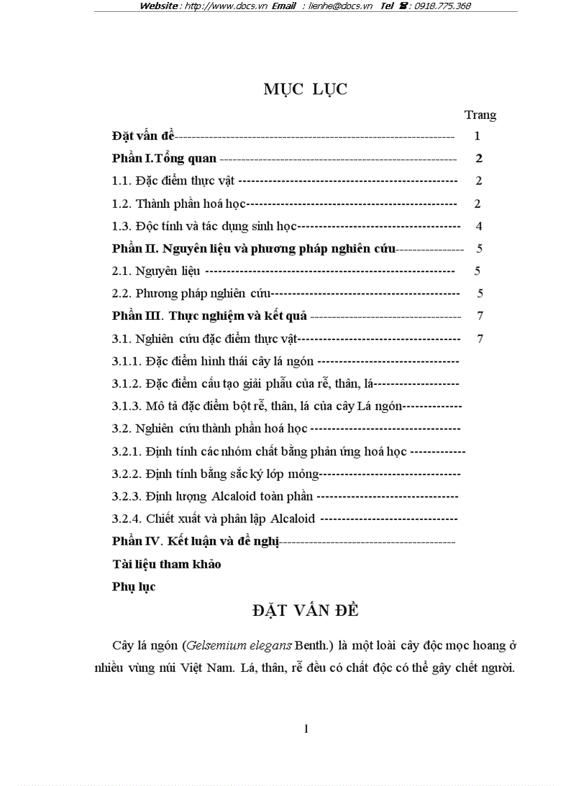 Nghiên cứu đặc điểm thực vật và thành phần hoá học của cây lá ngón Gelsemium elegans Benth Loganiaceae