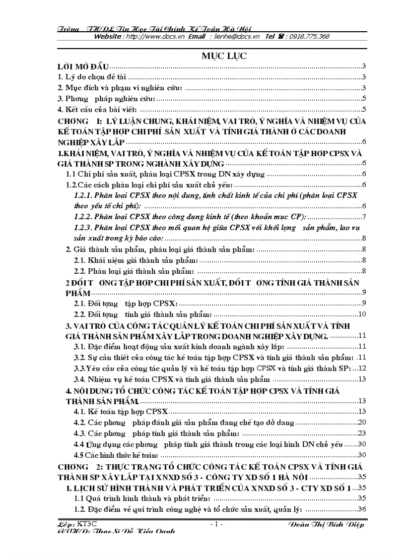 Giải pháp để nâng cao hiệu quả của công tác kế toán cpsx và tính giá thành SP xây lắp tại xí nghiệp xd số 3 công ty xd số 1 hà nội