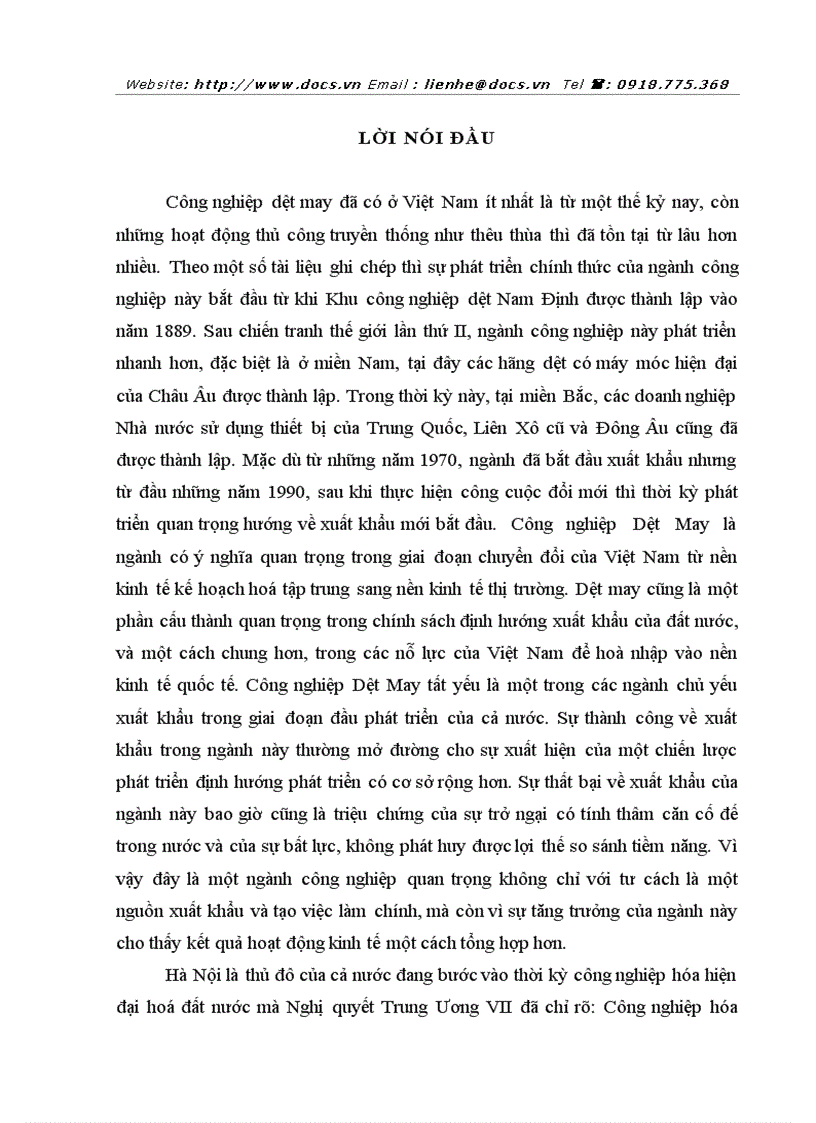 Tình hình đầu tư phát triển ngành Công nghiệp Dệt May quốc doanh thuộc Sở Công nghiệp Hà Nội