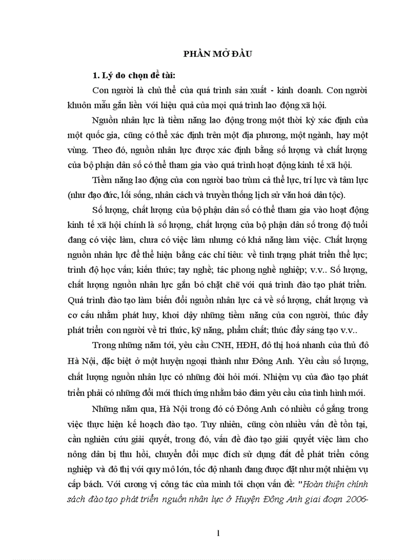 Hoàn thiện chính sách đào tạo phát triển nguồn nhân lực ở Huyện Đông Anh giai đoạn 2006 2010