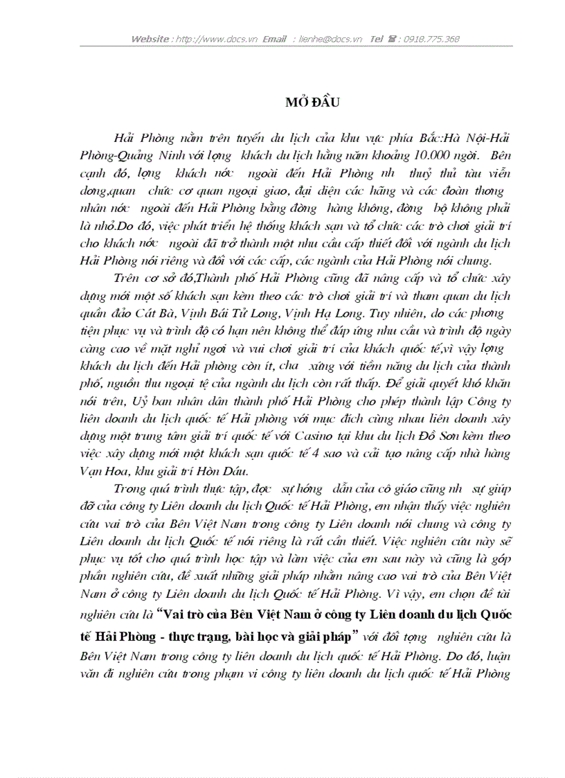 Vai trò của Bên Việt Nam ở công ty Liên doanh du lịch Quốc tế Hải Phòng thực trạng bài học và giải pháp
