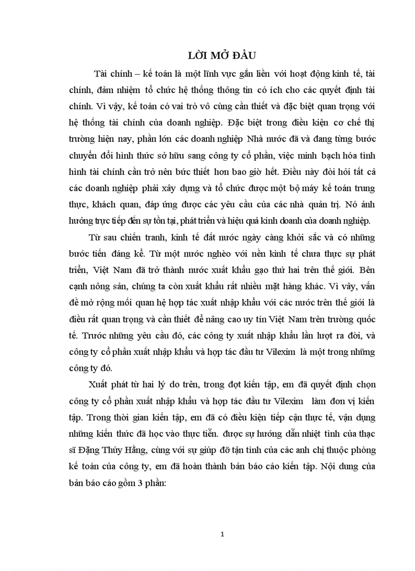 Thực trạng tổ chức hạch toán kế toán tại công ty cổ phần xuất nhập khẩu và hợp tác đầu tư Vilexim