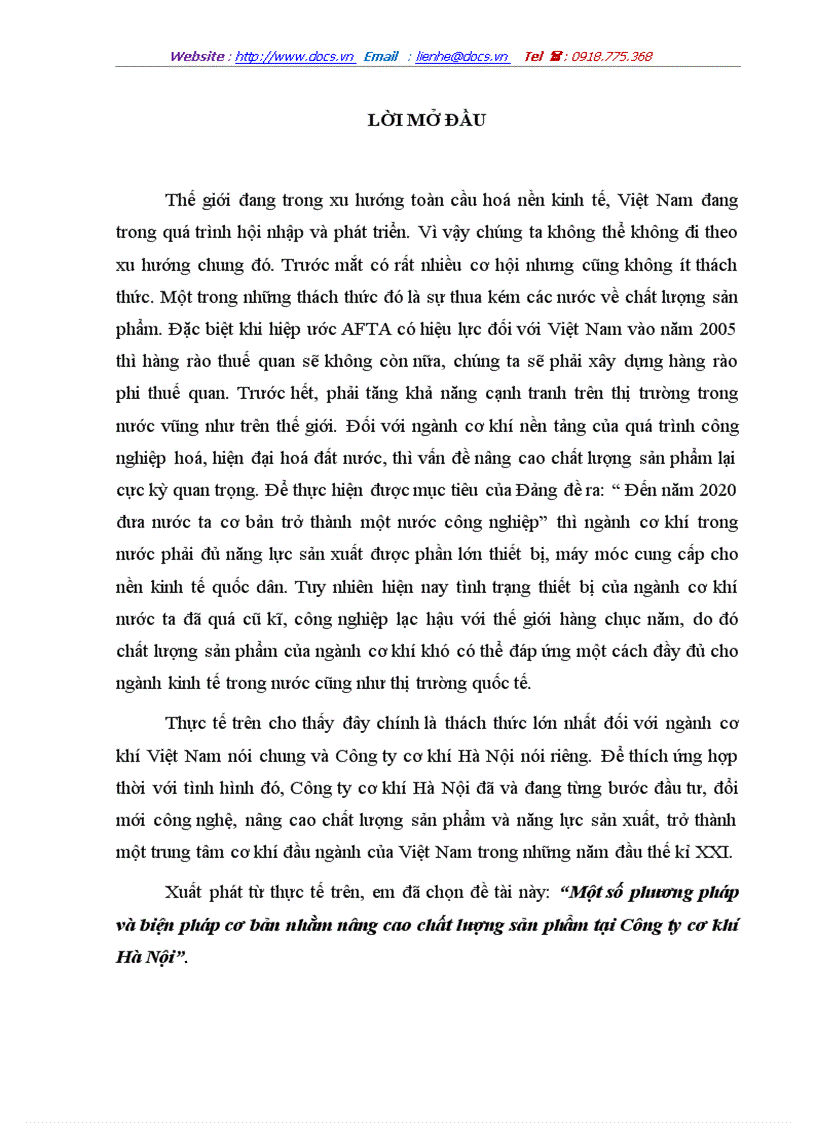 Một số phương pháp và biện pháp cơ bản nhằm nâng cao chất lượng sản phẩm tại Công ty cơ khí Hà Nội