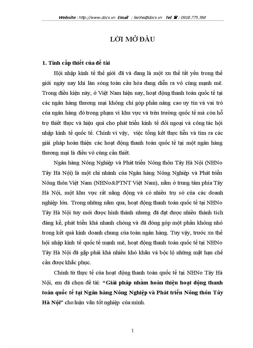 Giải pháp nhằm hoàn thiện hoạt động thanh toán quốc tế tại Ngân hàng Nông Nghiệp và Phát triển Nông thôn Tây Hà Nội