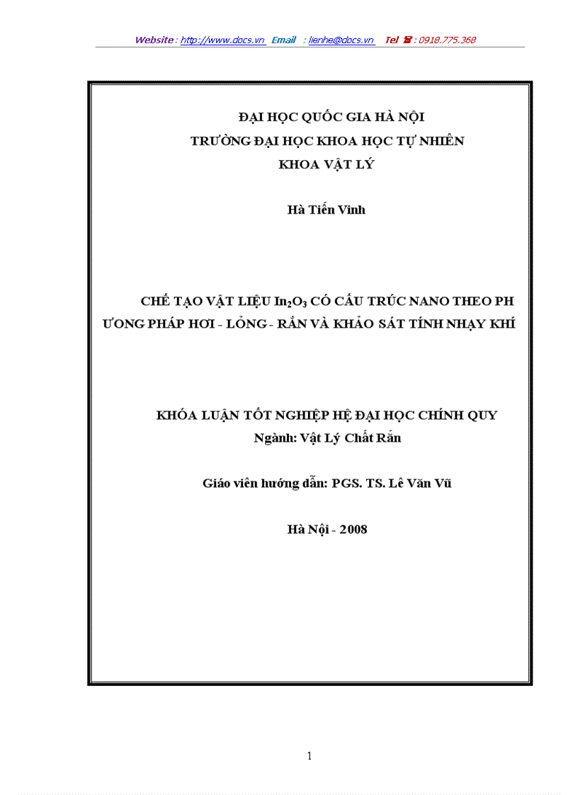 CHẾ TẠO VẬT LIỆU In2O3 CÓ CẤU TRÚC NANO THEO PH ƯONG PHÁP HƠI LỎNG RẮN VÀ KHẢO SÁT TÍNH NHẠY KHÍ