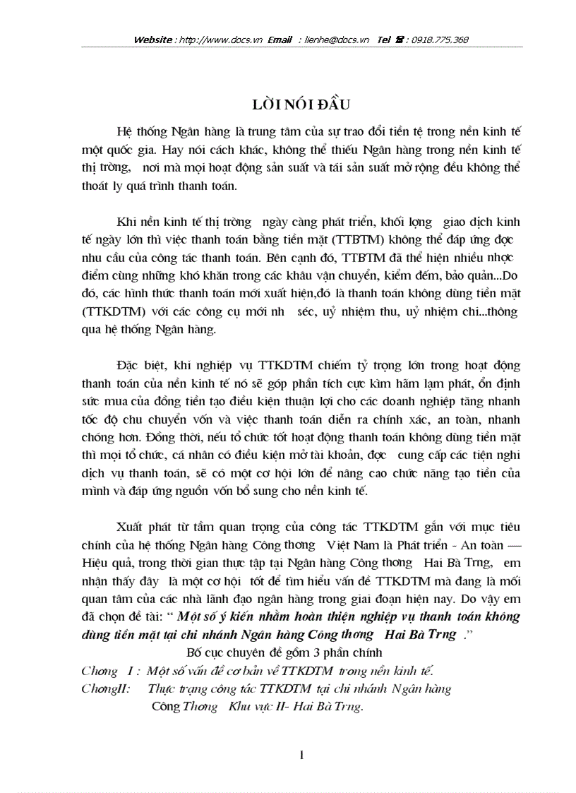 1số ý kiến nhằm hoàn thiện nghiệp vụ thanh toán không dùng tiền mặt tại chi nhánh ngânhàng NHTMCP Công Thương VietinBank Hai Bà Trưng