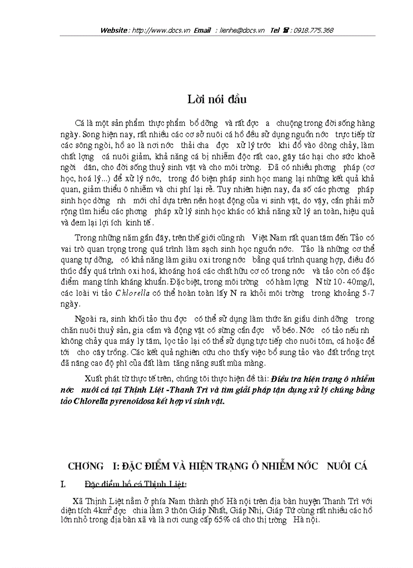 Điều tra hiện trạng ô nhiễm nước nuôi cá tại Thịnh Liệt Thanh Trì và giải pháp tận dụng xử lý bằng tảo Chlorella pyrenoidosa kết hợp vi sinh vật