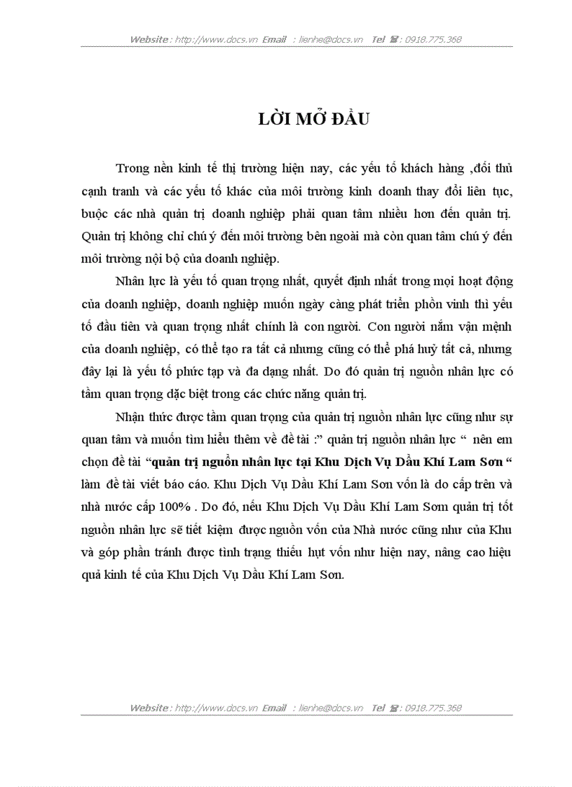 Quản trị nguồn nhân lực tại Khu Dịch Vụ Dầu Khí Lam Sơn