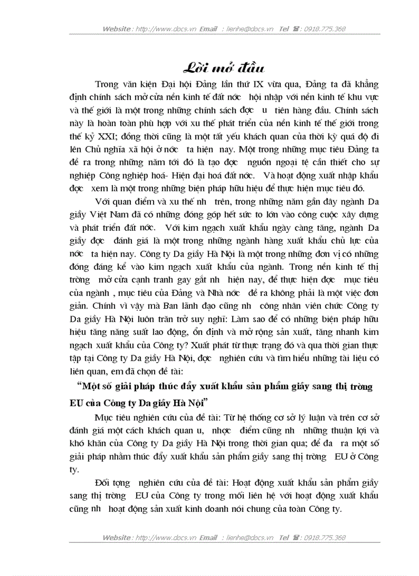 Một số giải pháp thúc đẩy xuất khẩu sản phẩm giầy sang thị trường EU của Công ty Da giầy Hà Nội
