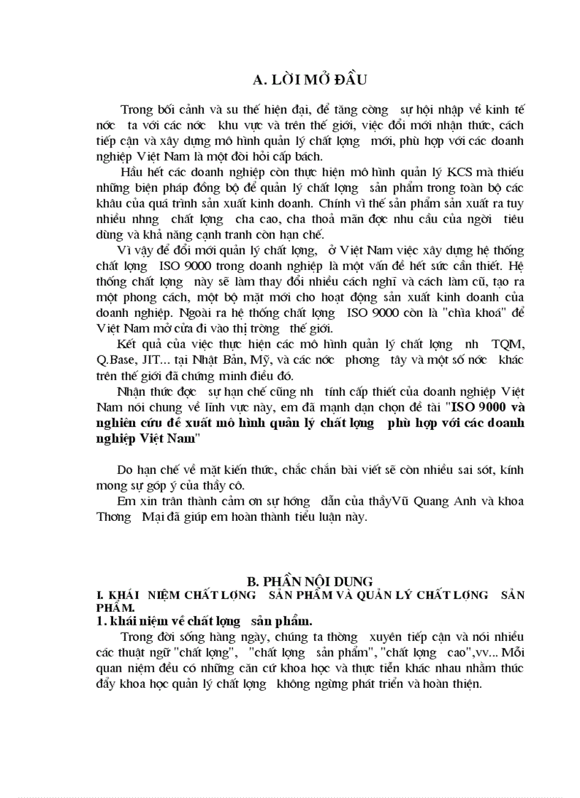 ISO 9000 và nghiên cứu đề xuất mô hình quản lý chất lượng phù hợp với các doanh nghiệp Việt Nam