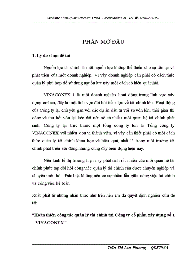 Hoàn thiện công tác quản lý tài chính tại Công ty cổ phần xây dựng số 1 VINACONEX