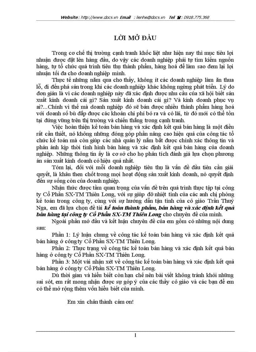 Kế toán thành phẩm bán hàng và xác định kết quả bán hàng tại công ty Cổ Phần SX TM Thiên Long