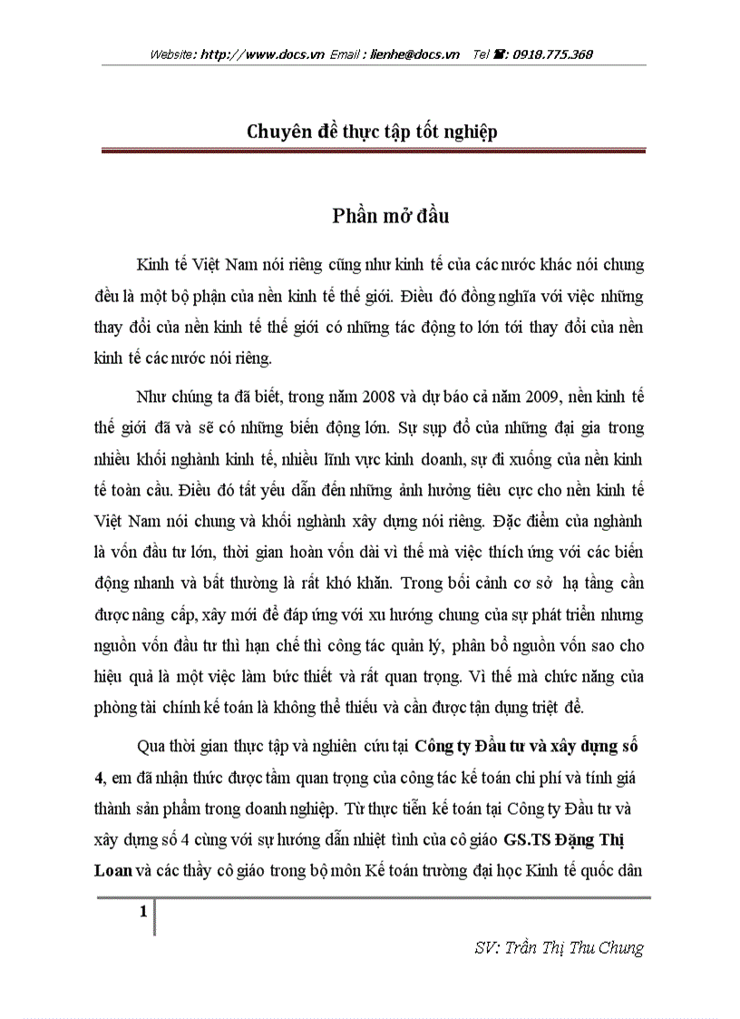 Hoàn thiện công tác kế toán chi phí và tính giá thành sản phẩm tại Công ty Cổ phần Đầu tư và xây dựng số 4
