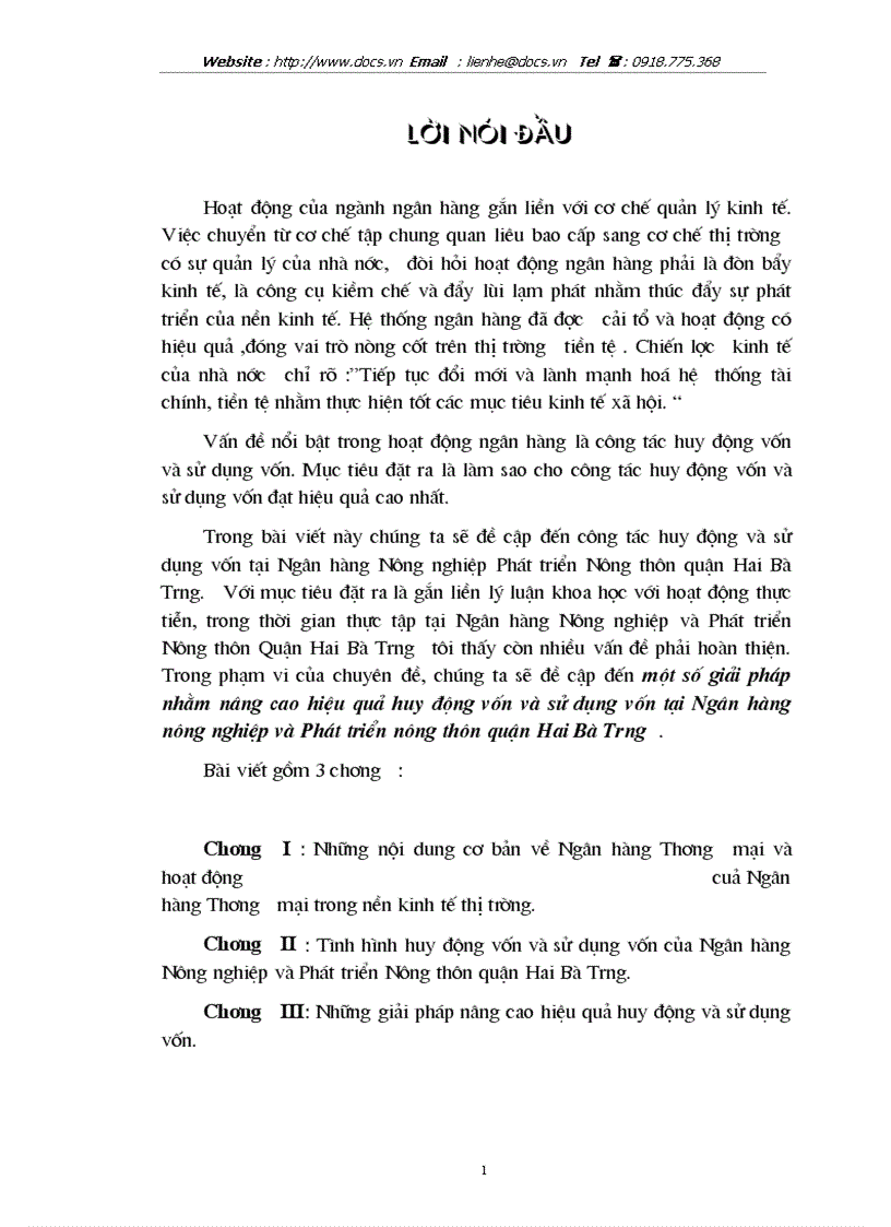 1số giải pháp nhằm nâng cao hiệu quả huy động vốn và sử dụng vốn tại ngânhàng NHNo PTNT AgriBank quận Hai Bà Trưng