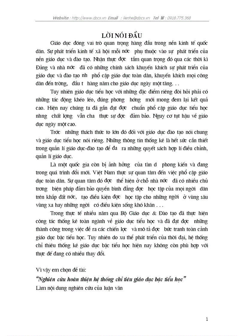 Nghiên cứu hoàn thiện hệ thống chỉ tiêu giáo dục bậc tiểu học