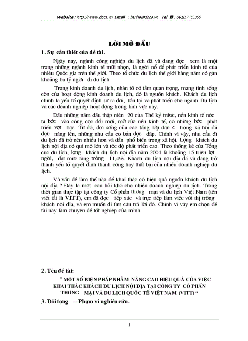 1số biện pháp nhằm nâng cao hiệu quả của việc khai thác khách du lịch nội địa tại Công ty CP thương mại và du lịch quốc tế Việt nam VITT