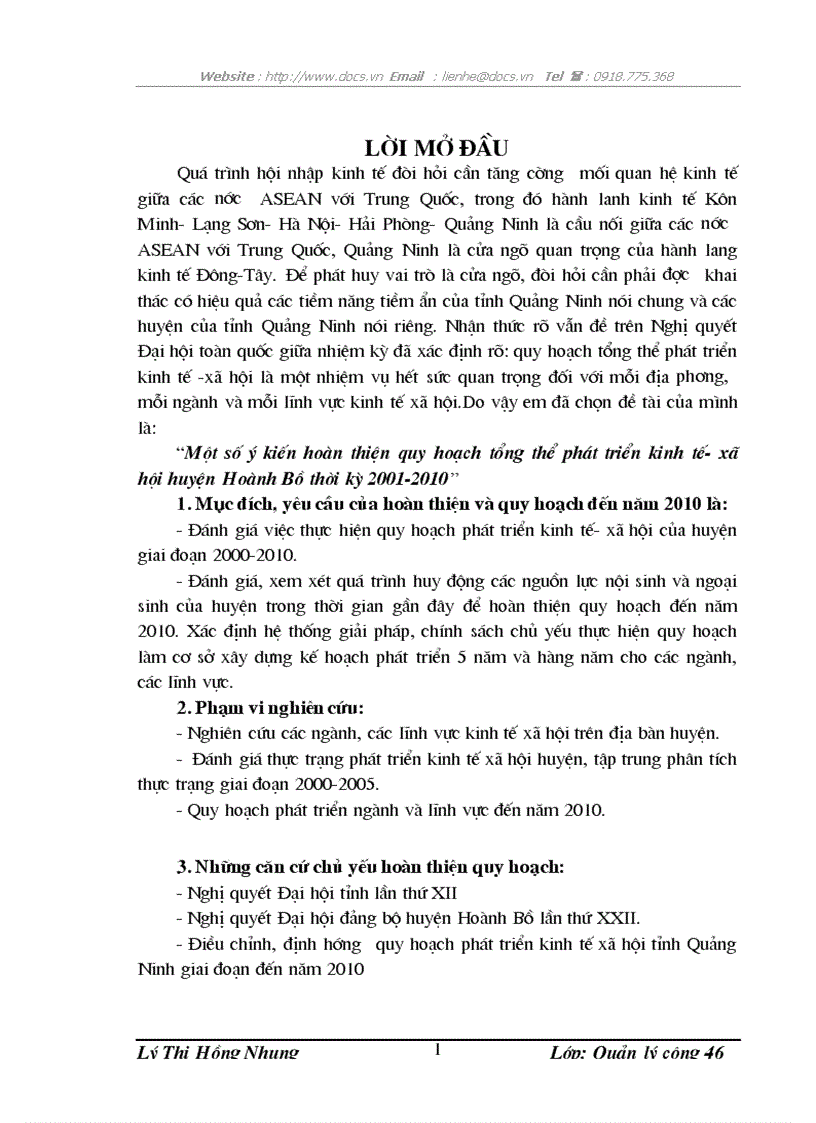 Một số ý kiến hoàn thiện quy hoạch tổng thể phát triển kinh tế xã hội huyện Hoành Bồ thời kỳ 2001 2010