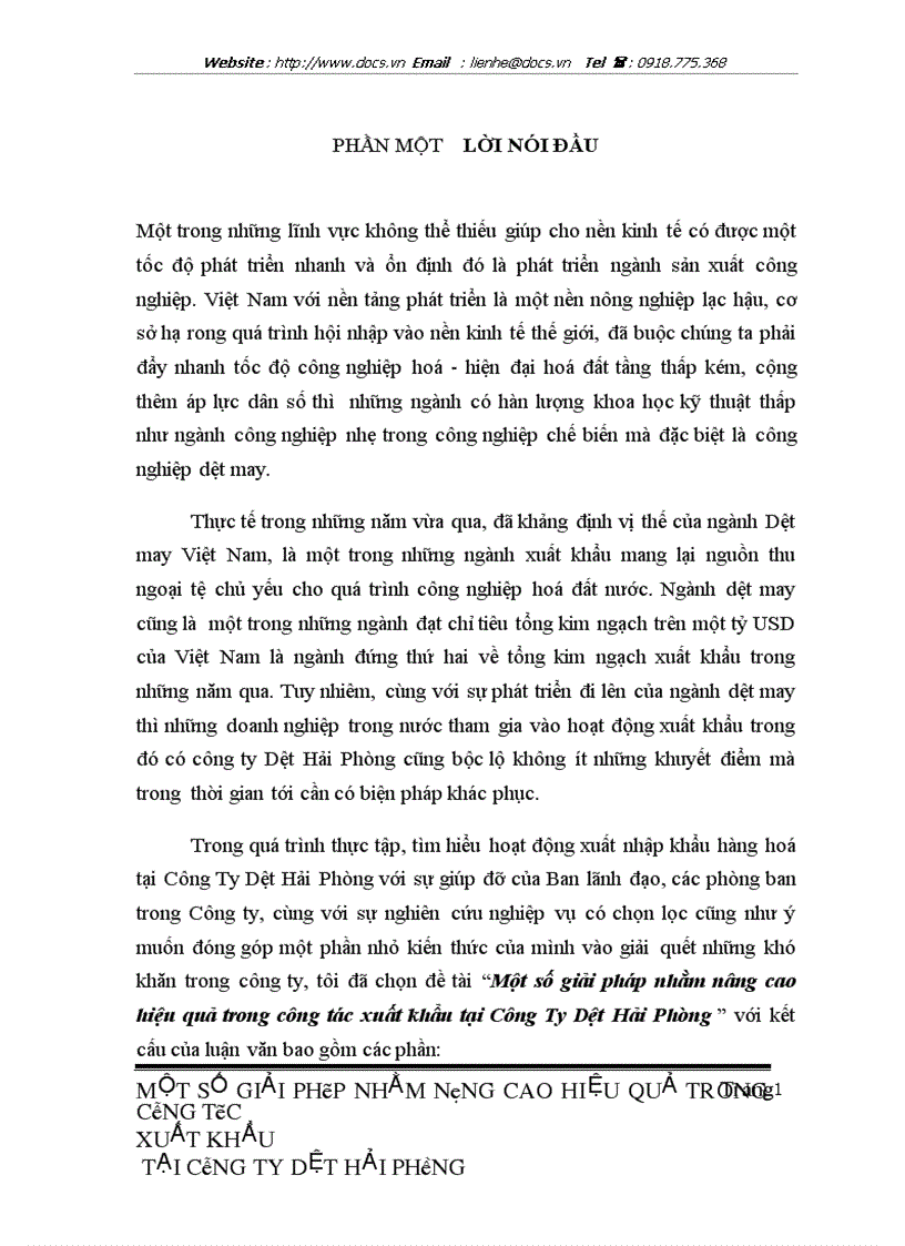Một số giải pháp nhằm nâng cao hiệu quả trong công tác xuất khẩu tại Công Ty Dệt Hải Phòng