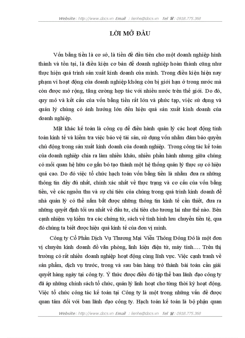 Kế toán vốn bằng tiền tại công ty cổ phần dịch vụ viễn thông Đông Đô