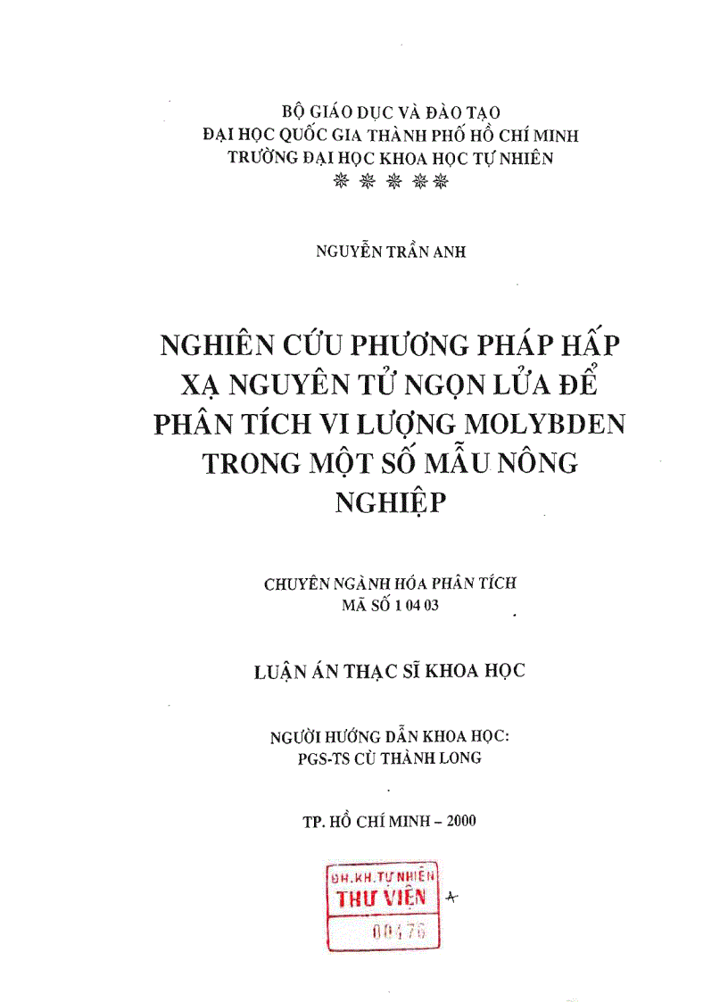 Nghiên cứu phương pháp hấp xạ nguyên tử ngọn lửa để phân tích vi lượng molybden trong một số mẫu nông nghiệp