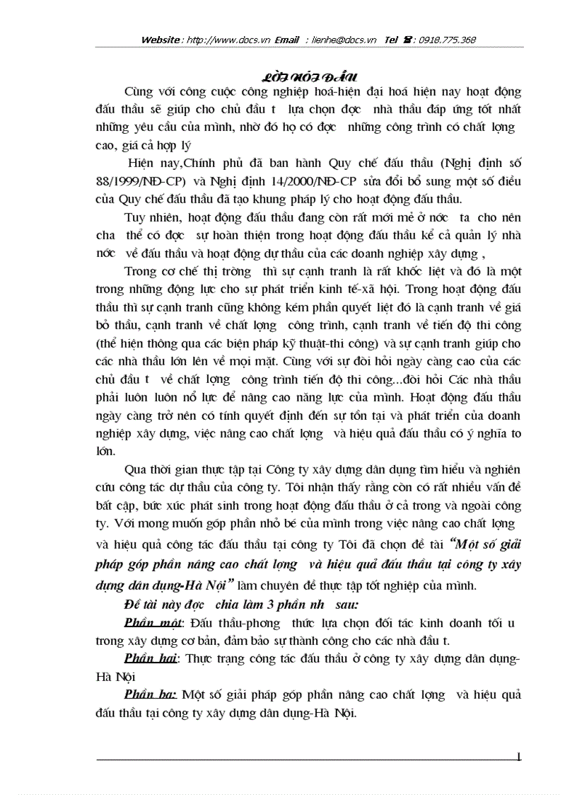 1số giải pháp góp phần nâng cao chất lượng và hiệu quả đấu thầu tại Công ty xây dựng dân dụng Hà Nội