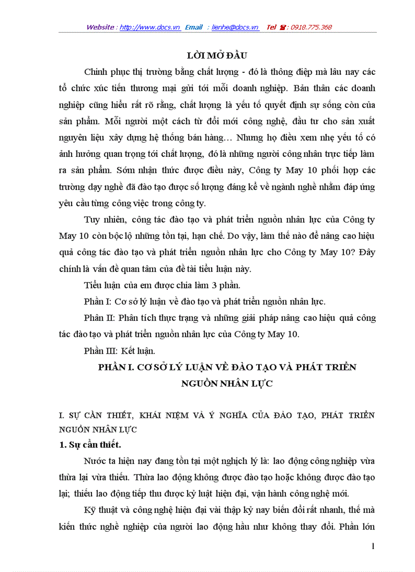 Phân tích thực trạng và những giải pháp nâng cao hiệu quả công tác đào tạo và phát triển nguồn nhân lực của Công ty May 10