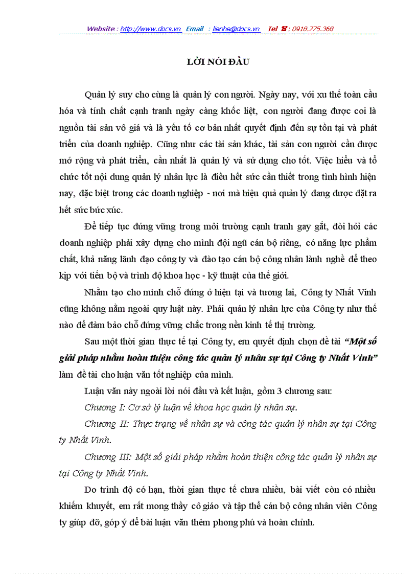 Một số giải pháp nhằm hoàn thiện công tác quản lý nhân sự tại Công ty Nhất Vinh