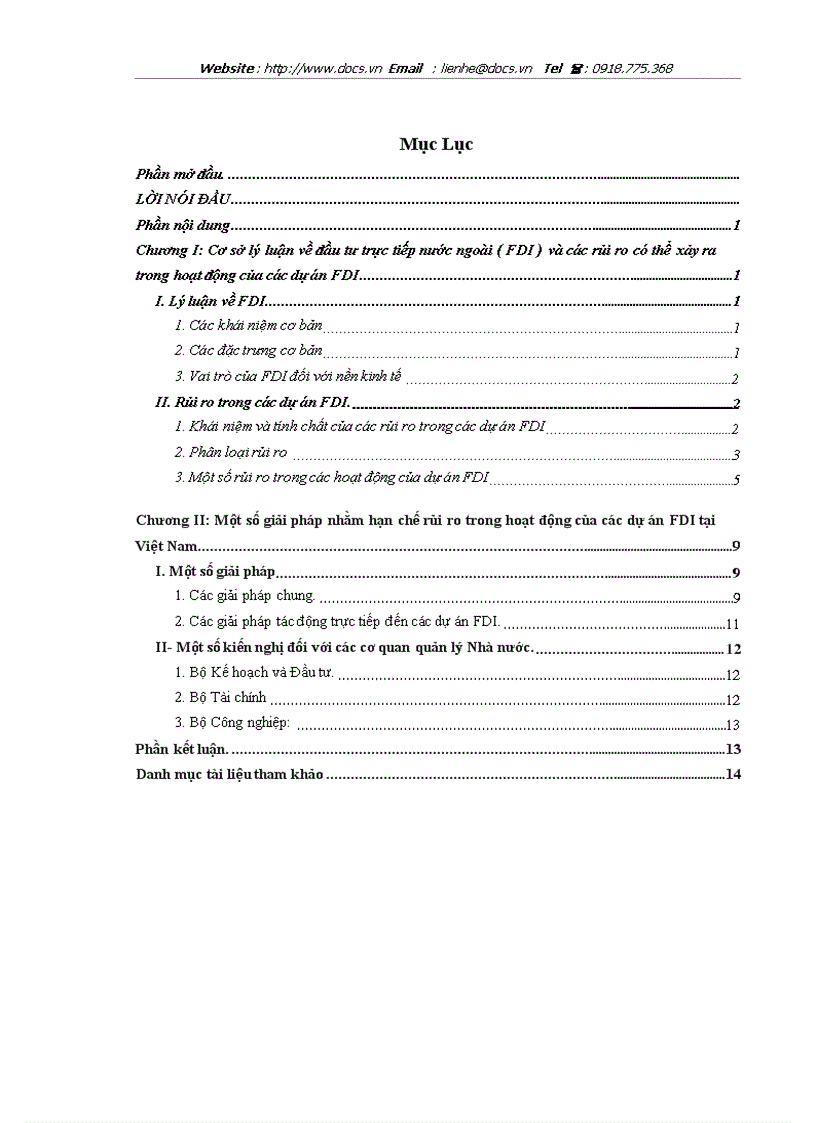 Một số giải pháp quản lý nhằm hạn chế những rủi ro trong hoạt động của các dự án đầu tư trực tiếp nước ngoài FDI vào Việt Nam trong thời kỳ hội nhập