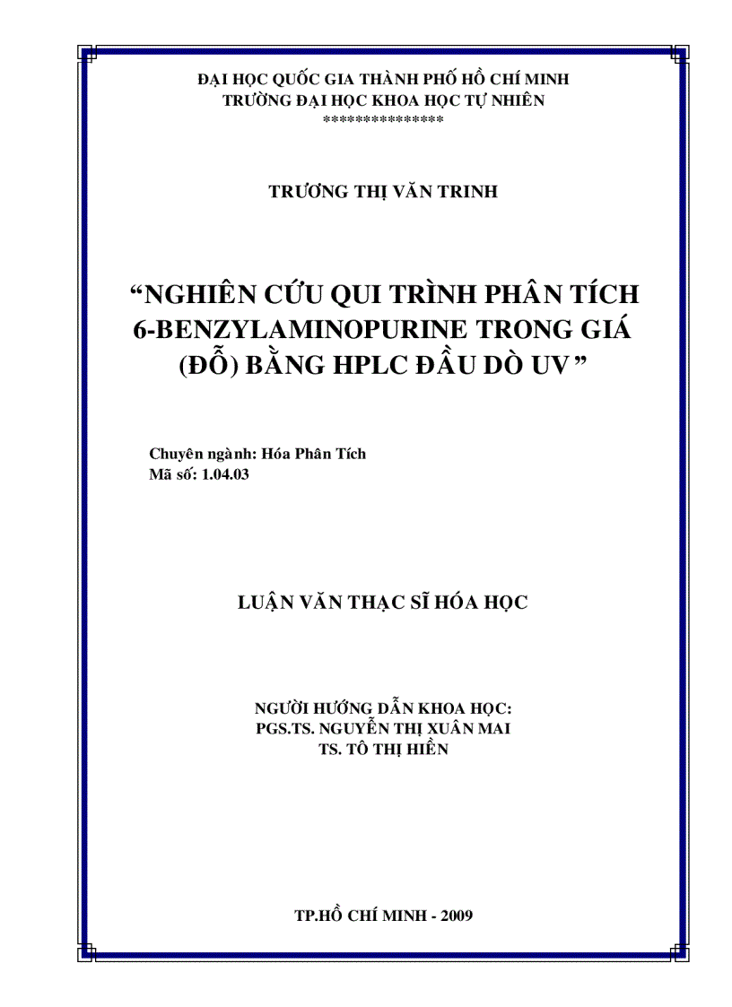 Nghiên cứu quy trình phân tích 6 benzylamionpurine trong giá đỗ bằng hplc đầu dò uv