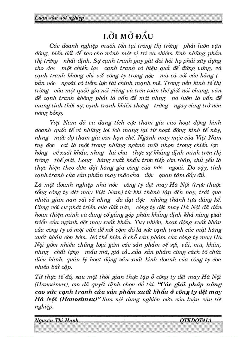 Các giải pháp nâng cao sức cạnh tranh của sản phẩm xuất khẩu ở công ty dệt may Hà Nội Hanosimex