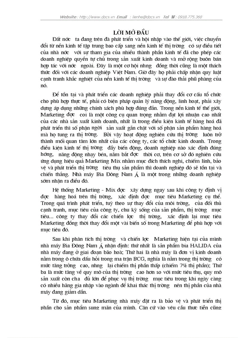 Một vài giải pháp ứng dụng Marketing Mix vào hoạt động phát triển thị trường tiêu thụ sản phẩm HALIDA của nhà máy bia Đông Nam á